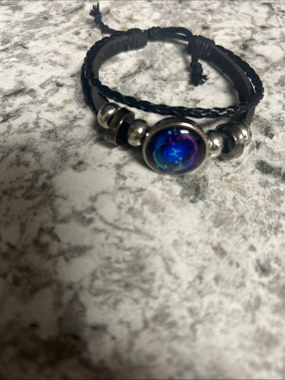 Black Braided Leather Bracelet with Blue Glass Accent